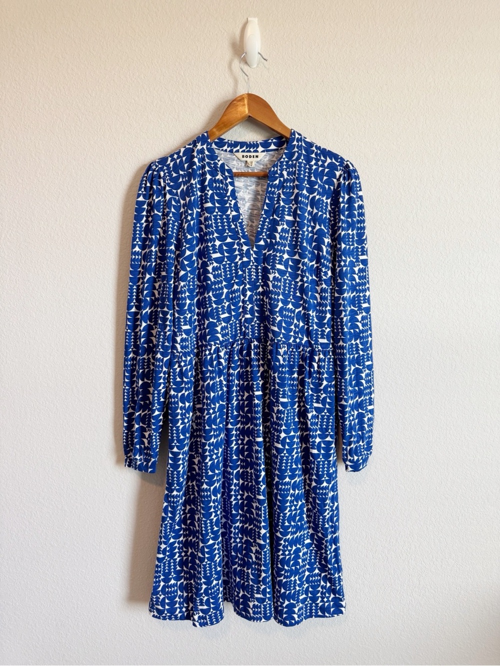 Boden Women's Naomi Blue Geometric Print Split Neck Jersey Cotton Dress Size 10